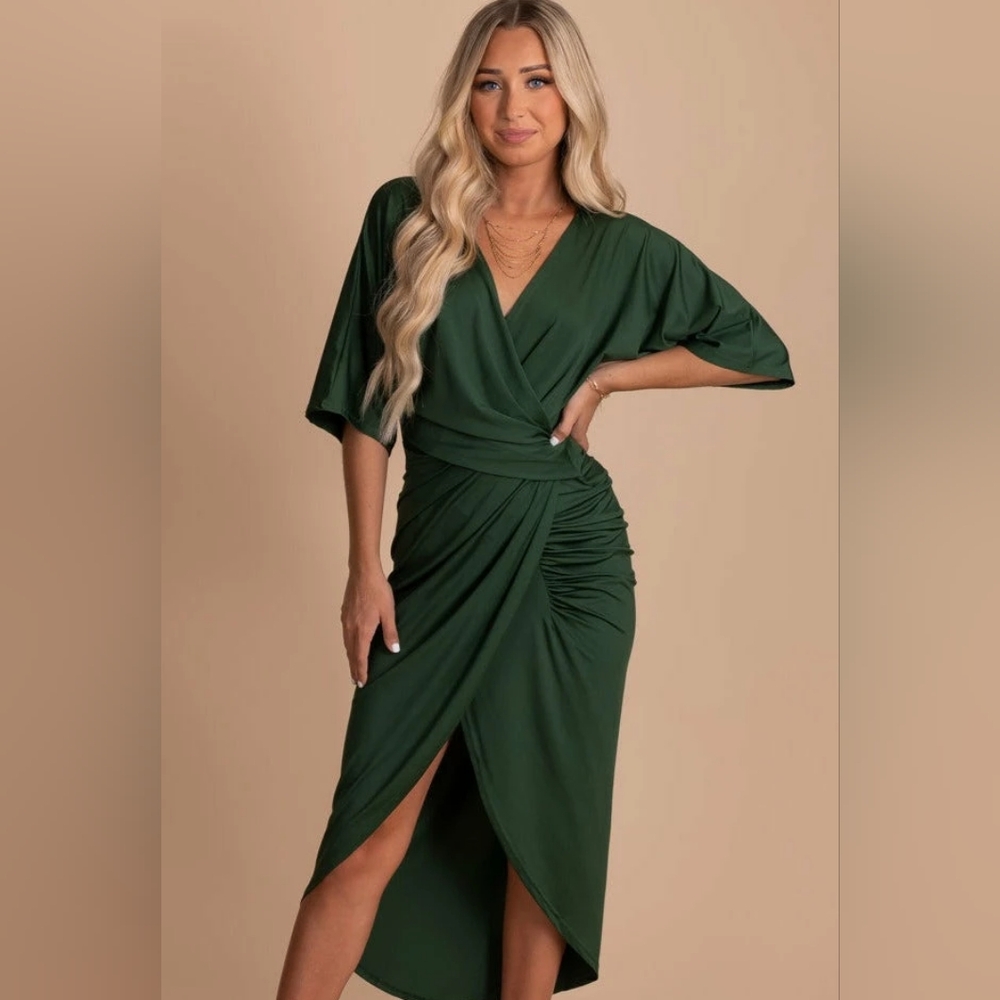Hunter green midi wrap dress
